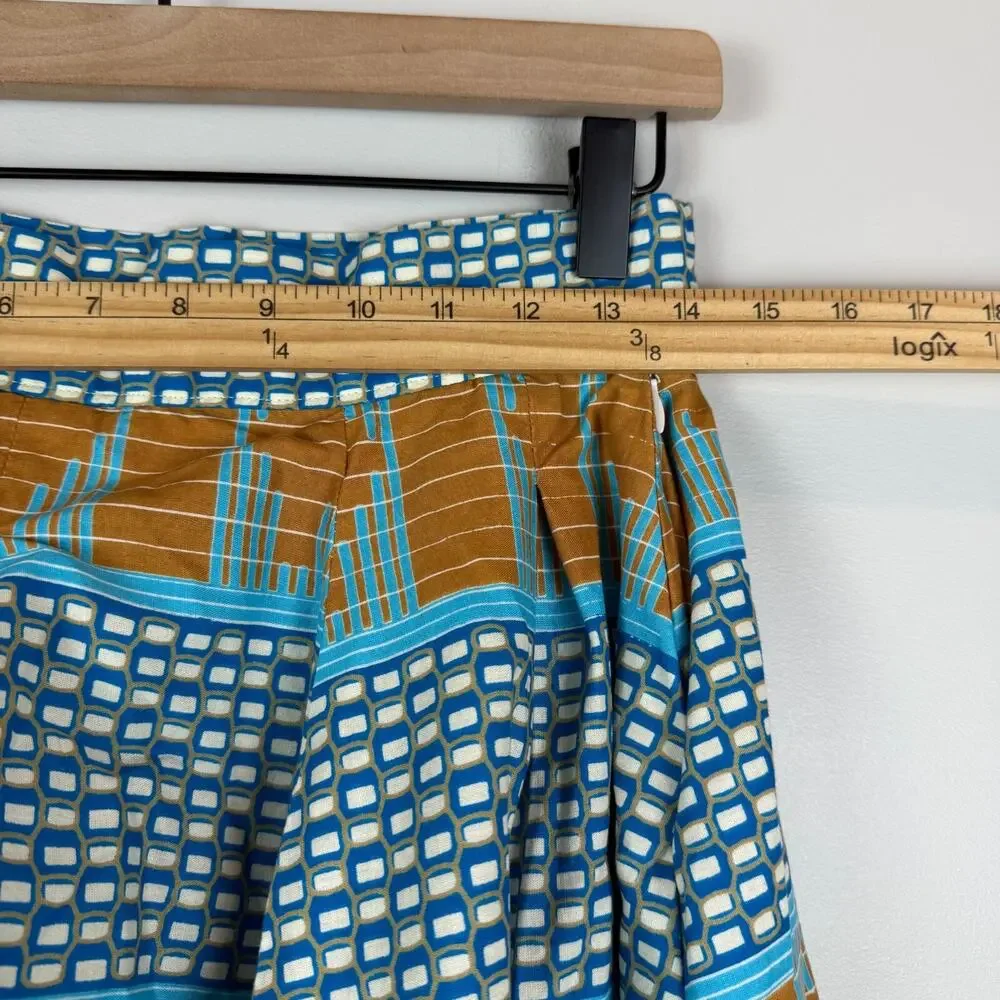 Francis + Benedict A-Line Skirt Women's Small Blue Brown Geo Pleated Togo Africa